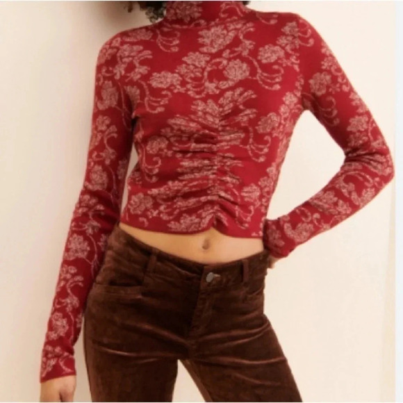 Anthropologie Sweaters - By Anthropologie ruched mock-neck sweater red metallic gold Medium New with Tags